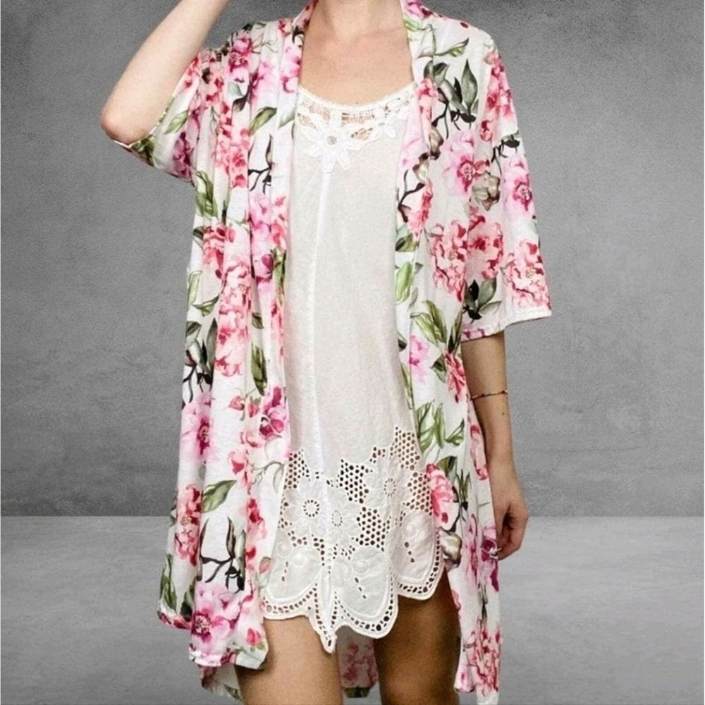 Show Me Your Mumu Kimono Women O/S Pink Floral Boho Chic Duster NO BELT